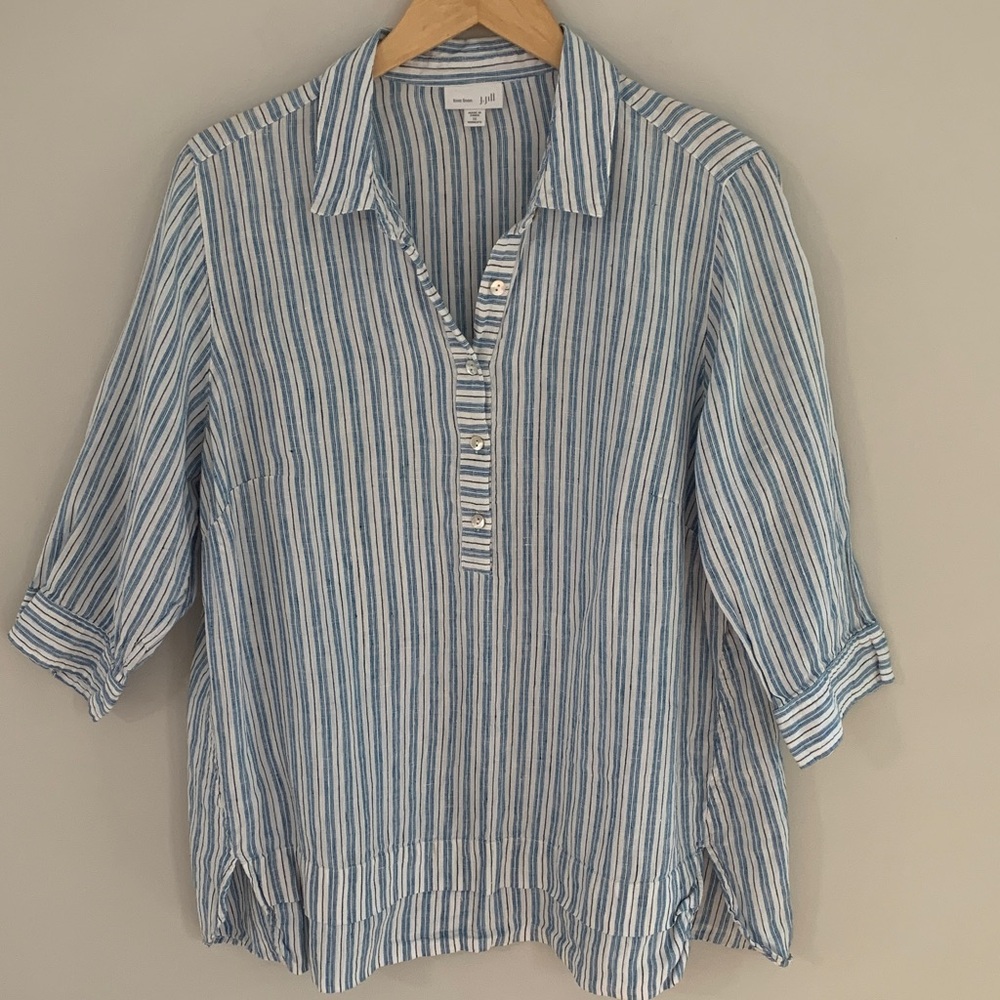 J. Jill Love Linen Striped Popover Top Blue And White Size 1X Coastal Preppy